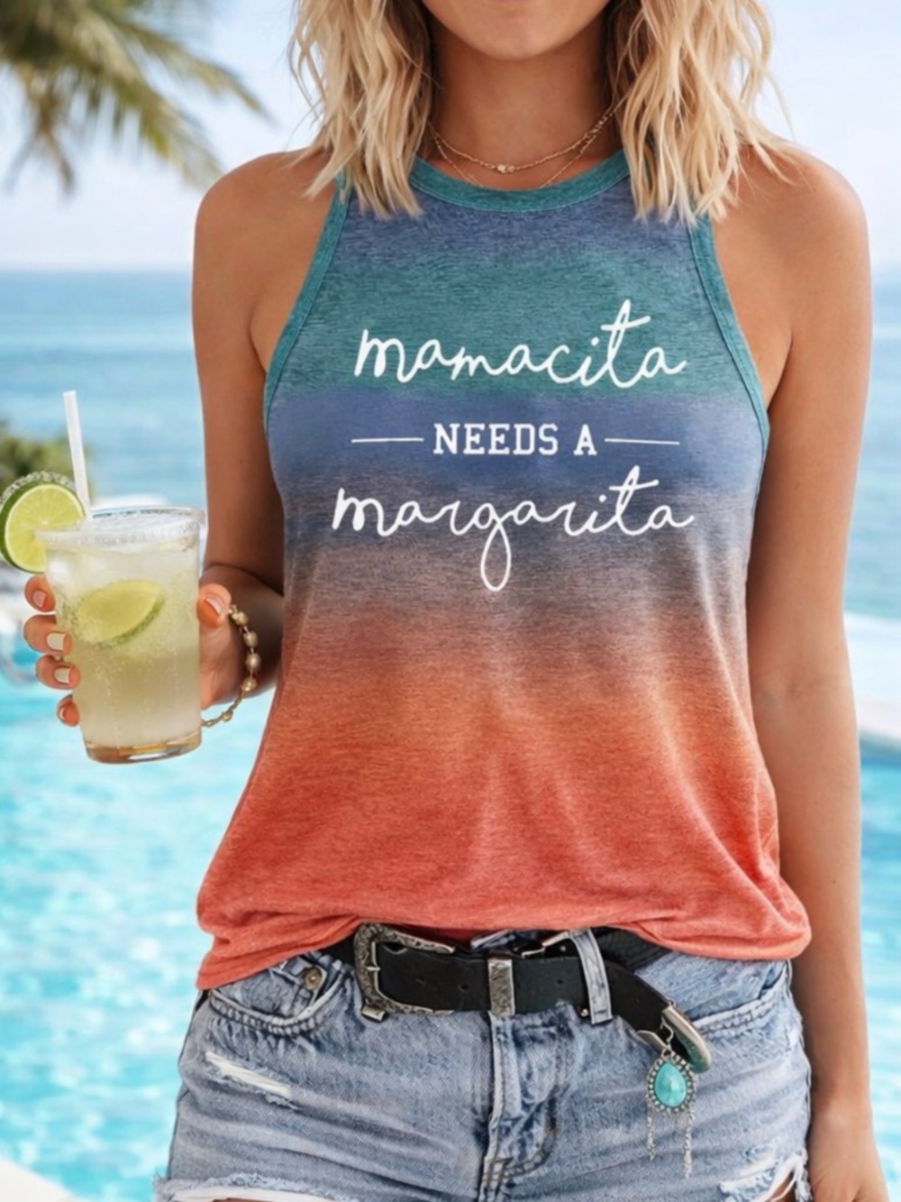 Mamacita Needs a Margarita Ombre Tank Top - Blue to Coral